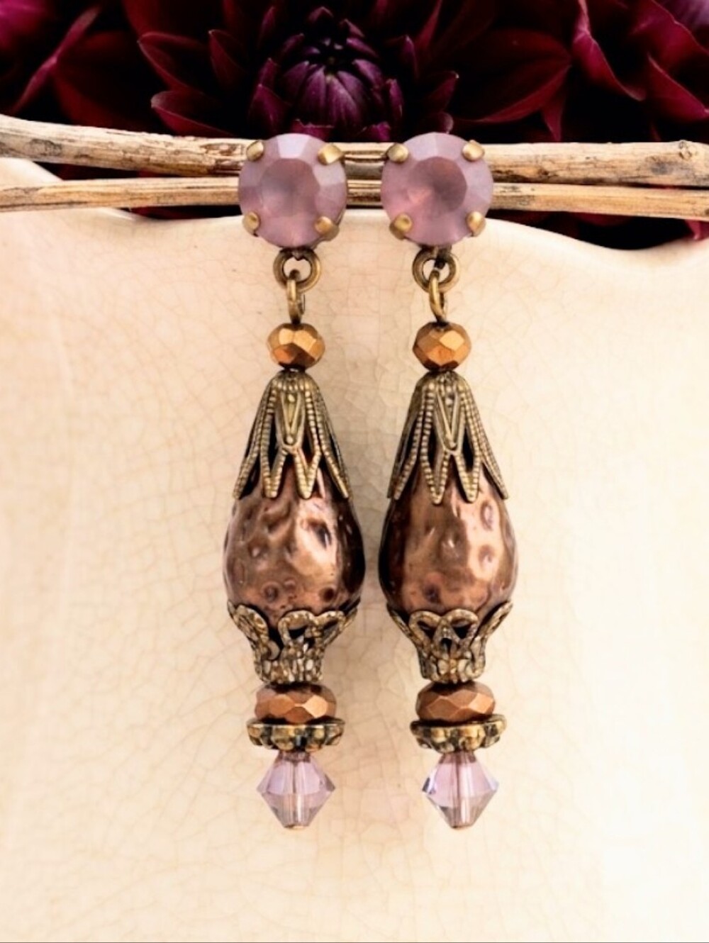 Victorian Burgundy Baroque Lantern & Swarovski Crystal In Brass Earrings